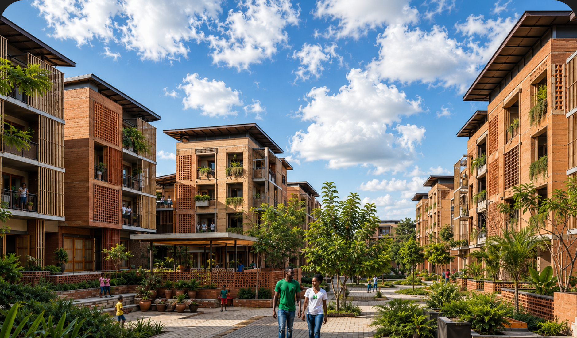 Modern affordable housing development with landscaped courtyard